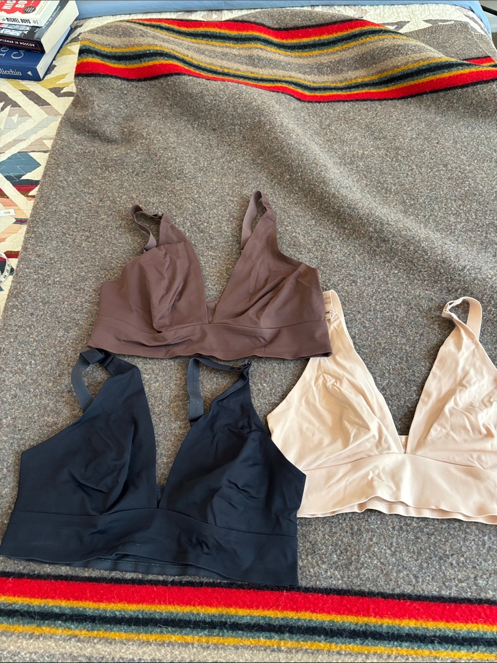 Everlane Wireless V-Neck Bralette Trio — Brown, Black, Nude